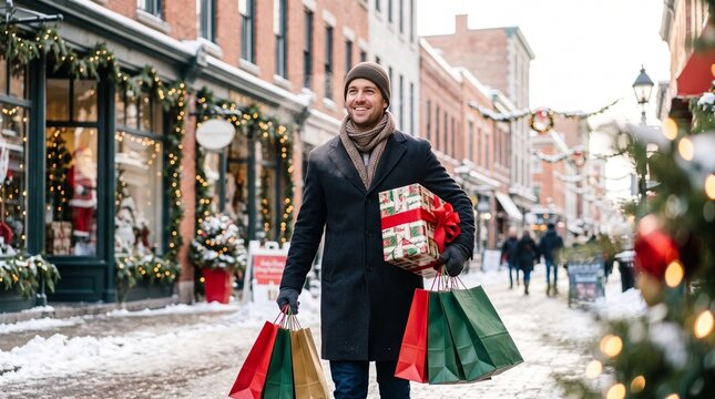 A smiling man walking down a festive winter city street carrying holiday shopping bags and a wrapped gift box