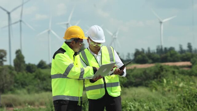 Wind turbine engineer and worker in safety vest and hard hat use laptop with colleague to review renewable energy data at rural wind farm, supporting clean power development