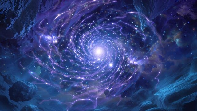 Swirling purple space vortex surrounded by asteroids, luminous light trails, glittering stars, rotating debris, deep blue nebula backdrop, electric aurora