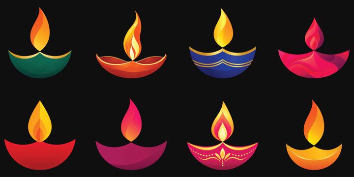 Set of eight colorful diya lamps in teal, orange, blue, red, and pink, featuring stylized flames, curved bowl shapes, golden accents, and ornamental details on a black background.
