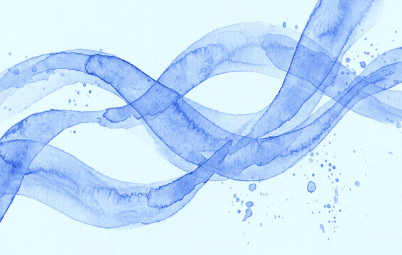 Abstract blue watercolor wave background with flowing brush strokes and paint splatters, artistic handpainted design element for creative projects