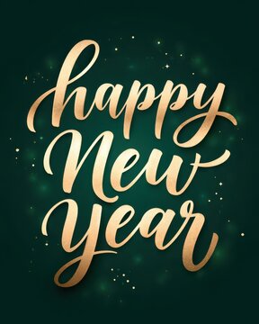 3D Shiny Happy New Year Calligraphy Text Greeting Card and Sticker Design in Golden and Green Color.