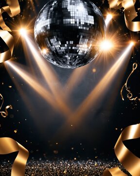New Year Party Disco Night Background with Golden Ribbon and Copy Space.