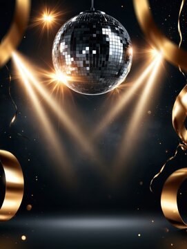 New Year Party Disco Night Background with Golden Ribbon and Copy Space.
