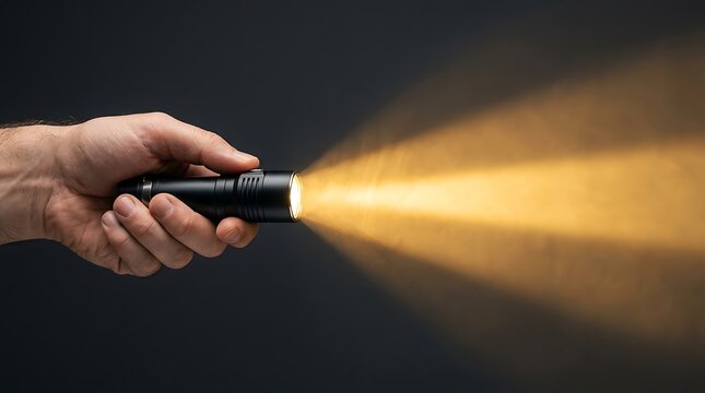 A person holds a glowing flashlight emitting a bright warm beam against a dark background