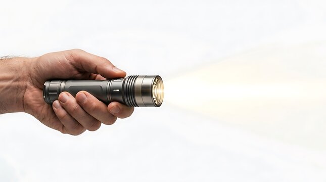 A hand holds a glowing tactical flashlight projecting a bright white beam forward
