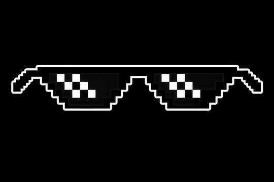 Thug life sunglasses meme silhouette, pixel cartoon emblem for gaming culture on dark background