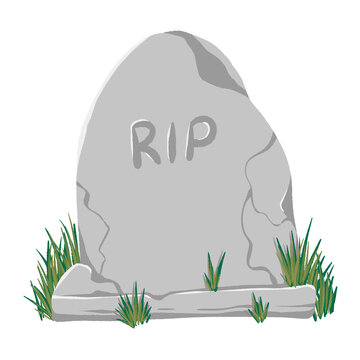 Rounded stone RIP gravestone headstone with cracked texture and grass illustration isolated on white background