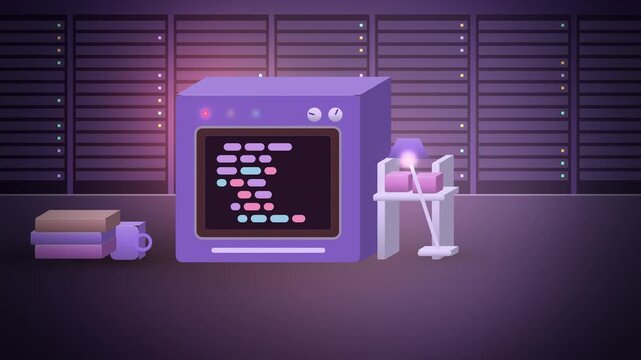Hardening oven baking a code tile room scene endless loop animation