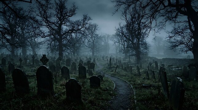 Spooky graveyard with tombstones and bare trees in misty fog
