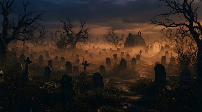 Spooky graveyard with headstones and ancient church in misty sunset