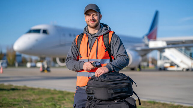 An airport ground handling employee wearing a high visibility vest scans a barcode on a passenger suitcase beside an aircraft on the airport tarmac, airplane fuselage and boarding stairs visible in 