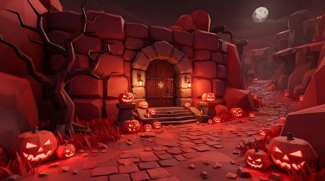 Low poly fantasy dungeon entrance with glowing jackolanterns