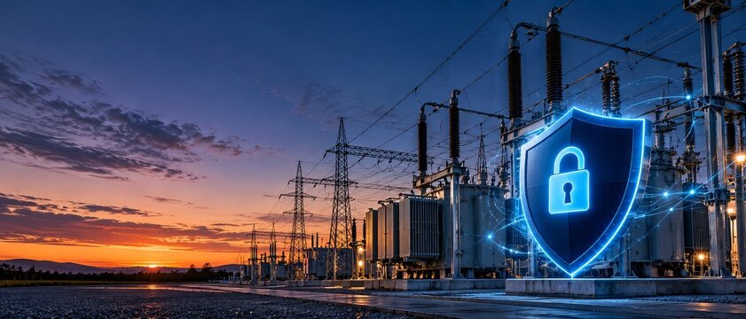 Glowing Blue Cybersecurity Shield and Padlock Protecting Electrical Substation at Sunset