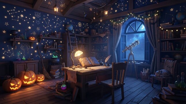 Cozy witch study room with pumpkins and telescope at night