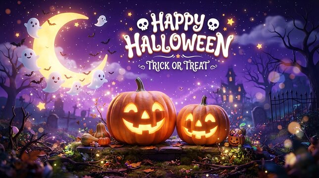 Happy halloween trick or treat greeting with pumpkins and ghosts