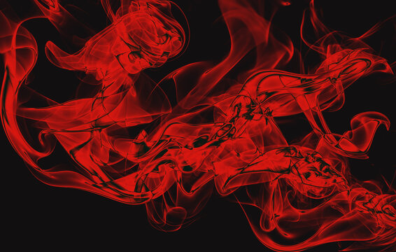 Abstract red smoke swirls on a black background, artistic flowing lines and ethereal vapor patterns creating a dynamic and mysterious atmosphere for modern digital design and creative projects