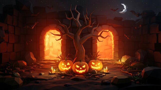 Spooky low poly halloween scene with carved pumpkins and old ruins