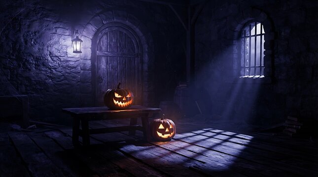 Spooky halloween pumpkins in a dark, atmospheric stone dungeon