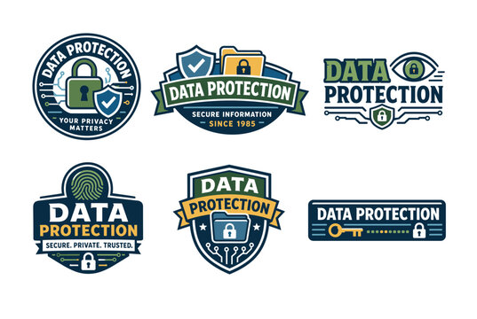 Cybersecurity trust labels and information defense vector crests: private network security insignia, biometric fingerprint scanner, encryption key, and confidential folder patches