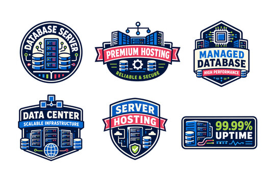 Scalable data center and server hosting emblems celebrating high performance computing, reliable cloud architecture, and guaranteed network uptime in a retro vector style