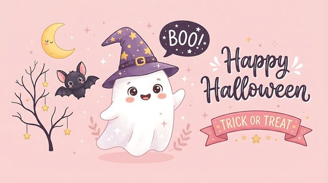 Cute cartoon ghost with witch hat and bat for halloween