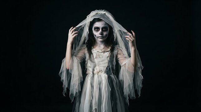 Girl in ghost bride costume with skull makeup