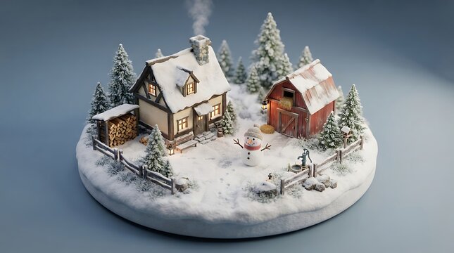 Miniature winter snow village with house and snowman