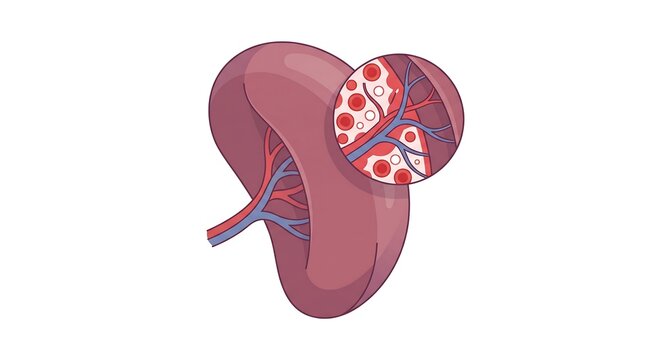 Anatomical illustration of a human spleen with a magnified view of its internal structure.