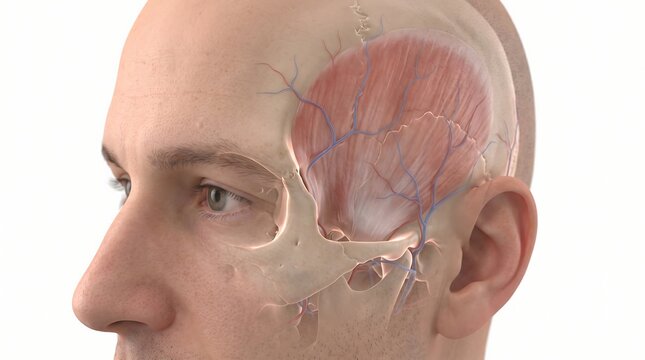 3D medical illustration showing human brain anatomy and skull structure.