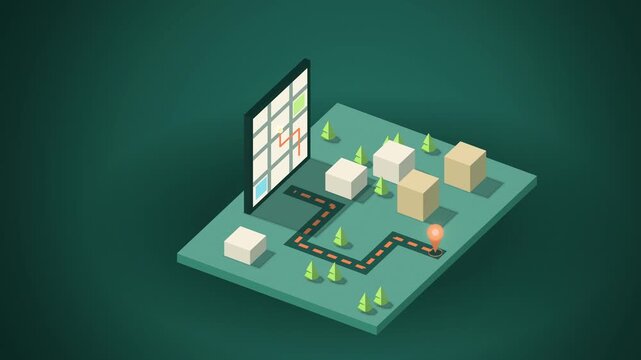 Teal isometric smartphone navigation map appearing