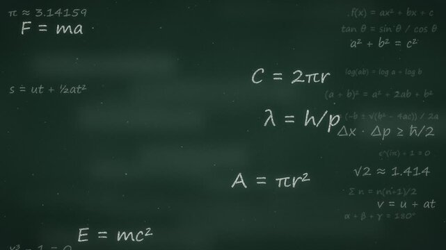Math and physics equations in chalk float upward in layers across a green chalkboard with drifting chalk dust. Seamless loop background for education and science videos