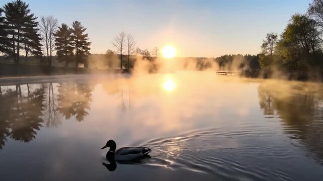 Canada goose travels over glassy lake during misty sunrise, its movement spreading ripples behind it. Waterfowl crosses golden reflections beneath quiet trees, evoking peaceful wilderness and calm.