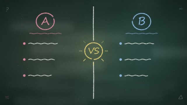 Chalkboard split into A versus B, option A gets red crosses and option B gets green check marks and wins. Comparison, pros and cons and decision making concept