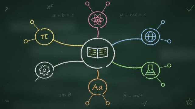 Colorful chalk mind map grows from an open book to school subjects like math, science, geography and language on green blackboard. Brainstorming and learning concept