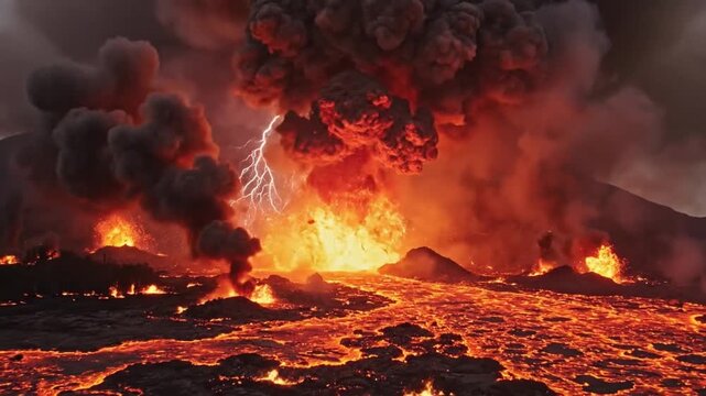 Volcanic eruption sends lava across black terrain as towering ash clouds billow skyward. Explosive volcano glows fiercely with orange fire, lightning and apocalyptic intensity in dramatic landscape.