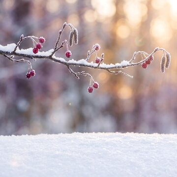 Frostcovered branch with red berries and catkins against a soft, blurred winter sunset background