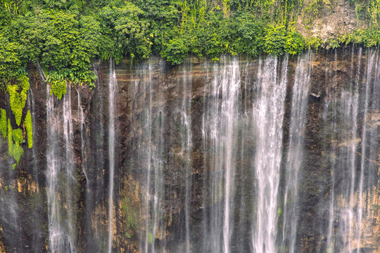 Tumpak Sewu Waterfall in Lumajang, East Java, Indonesia. Hundreds of cascading streams fall from a curved cliff into a lush tropical gorge, surrounded by dense rainforest and rising mist.