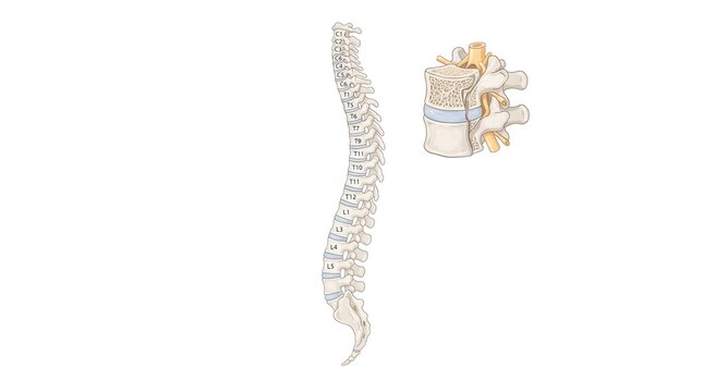 Human spine anatomy and single vertebra illustration.