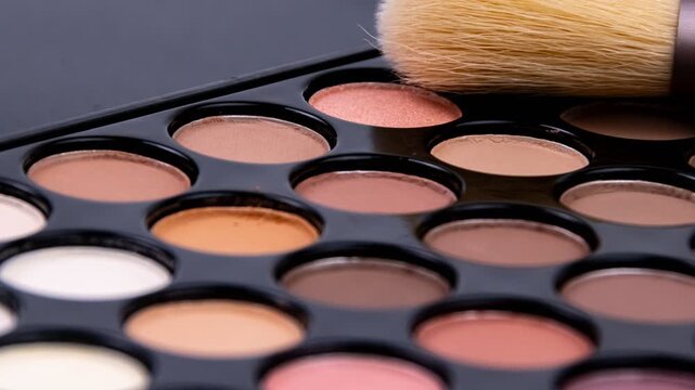 Collection of warm-toned eyeshadow shades arranged in a palette with a soft makeup brush resting on top. Various hues of brown, beige, orange, and peach shades designed for eye makeup application.