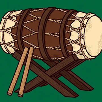 Flat vector-style illustration of an Indonesian bedug mosque drum on a wooden stand for Ramadan
