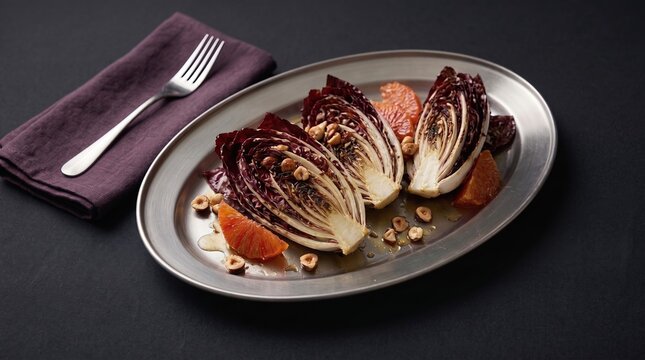 Prepared gourmet roasted radicchio chicory dish with orange segments and hazelnuts on pewter tray AI-GENERATED