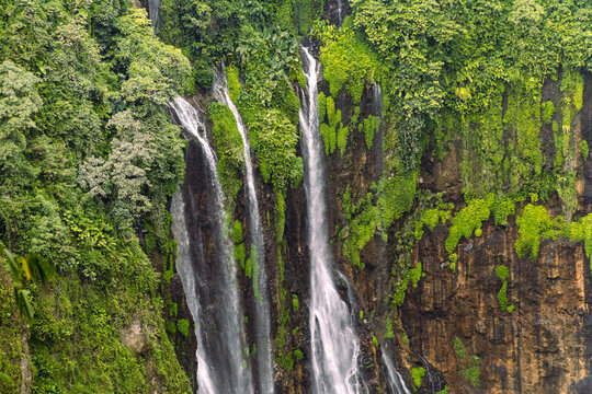 Tumpak Sewu Waterfall in Lumajang, East Java, Indonesia. Hundreds of cascading streams fall from a curved cliff into a lush tropical gorge, surrounded by dense rainforest and rising mist.