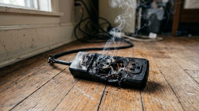 A burned power strip lies on a wooden floor, smoking from a short circuit while unplugged, illustrating a severe electrical hazard and fire danger inside a home environment