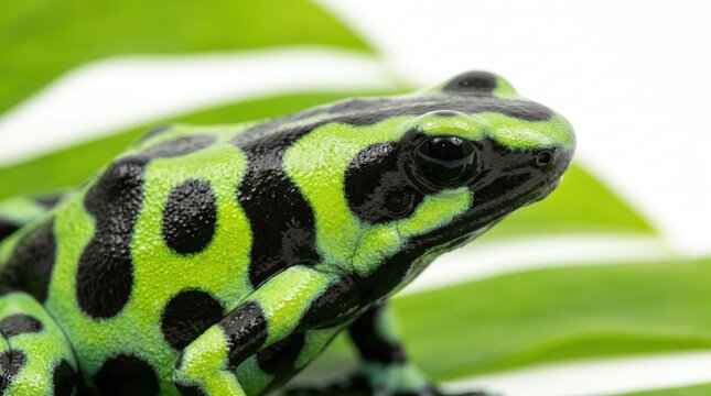 Vibrant green and black poison dart frog on tropical monstera leaf close up AI-GENERATED