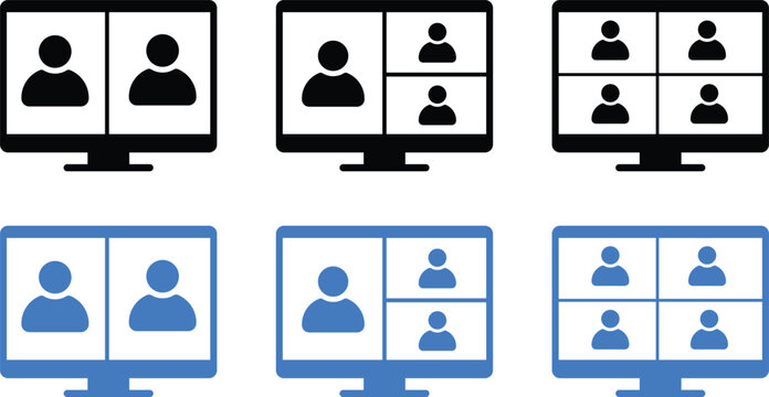 Video conference screen icon set. Online meeting symbols. Virtual classroom grid and remote teamwork signs. digital screen call icons collection