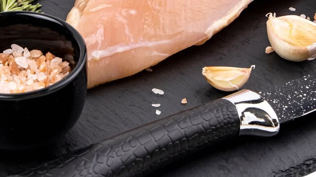 Himalayan pink salt crystals placed in a black ceramic bowl, accompanied by fresh rosemary and thyme sprigs on a dark slate surface.