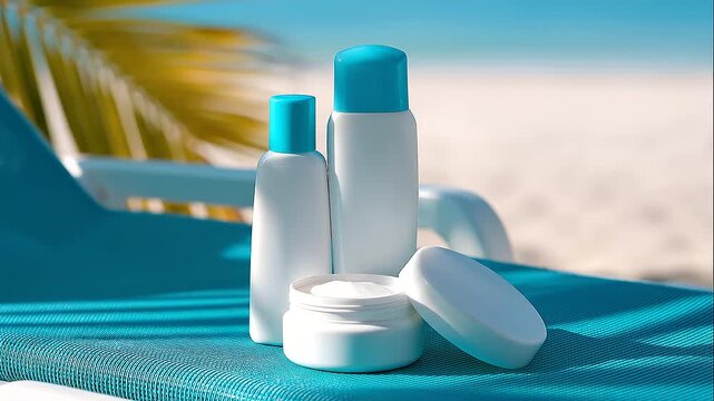 White sunscreen bottles and cosmetic cream jar on a turquoise beach lounge chair, summer skincare, sun protection, vacation beauty products, SPF sunscreen, beach essential