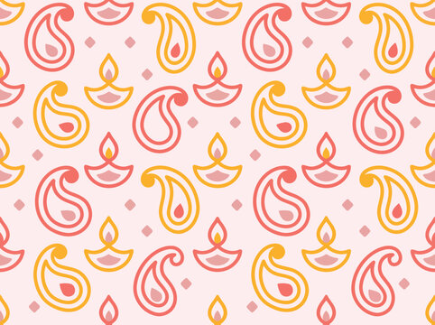 Seamless Diwali pattern with paisley and diya lamps in coral and yellow line art