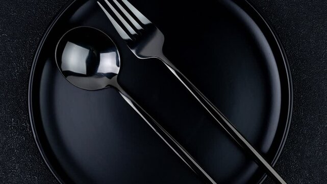 Sleek black plate holds a shiny silver fork and spoon arranged neatly on a textured dark surface. The reflective cutlery contrasts with the matte finish of the plate, creating a modern and minimalist.